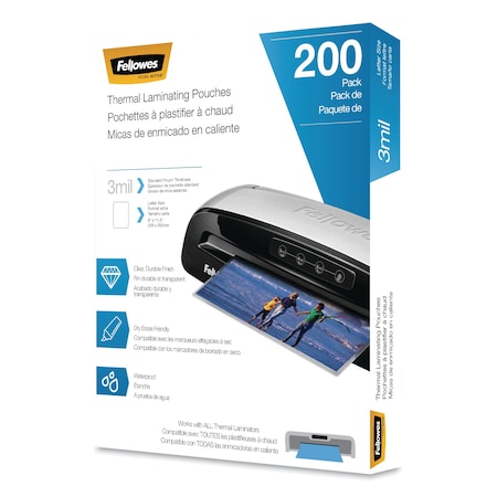 Fellowes Laminating Pouches, 3 mil, 9 x 11.5, Gloss Clear, PK200 5743401